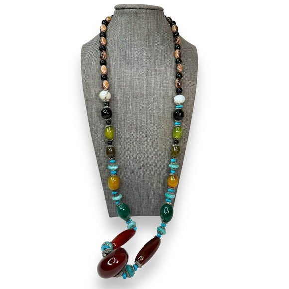 Long Stone Bead Necklace Mixed Gemstones and Glass 30" Boho Beaded Statement - Picture 2 of 16